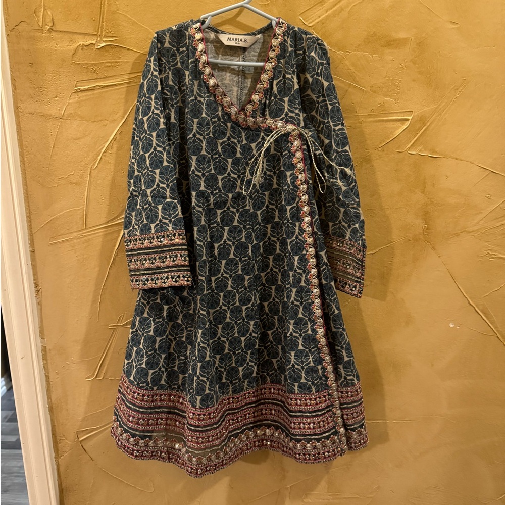 Maria B kids khaddar Mauve and Blue Patterned gharara dress